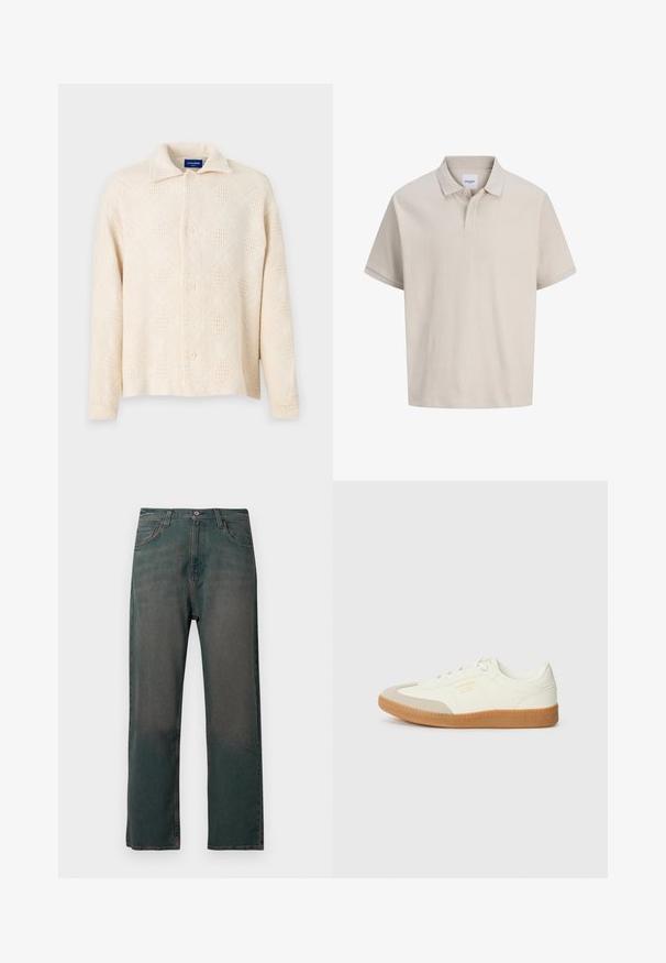 Beige Hemd mit Knopfleiste aus strukturiertem Stoff, mit einem Rautenmuster und einem klassischen Kragen. Vier Knöpfe auf der Vorderseite.; Beige Poloshirt mit kurzen Ärmeln, dezenten vertikalen Streifen, einem klassischen Kragen und einer Knopfleiste mit zwei Knöpfen.; Dunkelgrüne Jeans aus Denim mit geradem Bein, ausgestattet mit einem klassischen Fünf-Taschen-Design und kontrastierenden Nähten entlang der Nähte.; Sneaker aus weißem Leder mit einer beigen Zehenkappe und leichter brauner Gummisohle. Verfügt über flache weiße Schnürsenkel und geprägtes Branding an der Seite.