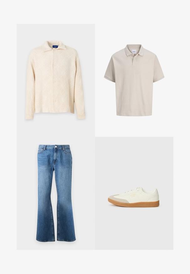 Beige Hemd mit Knopfleiste aus strukturiertem Stoff, mit einem Rautenmuster und einem klassischen Kragen. Vier Knöpfe auf der Vorderseite.; Beige Poloshirt mit kurzen Ärmeln, dezenten vertikalen Streifen, einem klassischen Kragen und einer Knopfleiste mit zwei Knöpfen.; Blaue Jeans aus Denim mit hoher Taille und weitem Bein, ausgestattet mit vorderen Taschen, Gürtelschlaufen und einem Knopfverschluss.; Sneaker aus weißem Leder mit einer beigen Zehenkappe und leichter brauner Gummisohle. Verfügt über flache weiße Schnürsenkel und geprägtes Branding an der Seite.