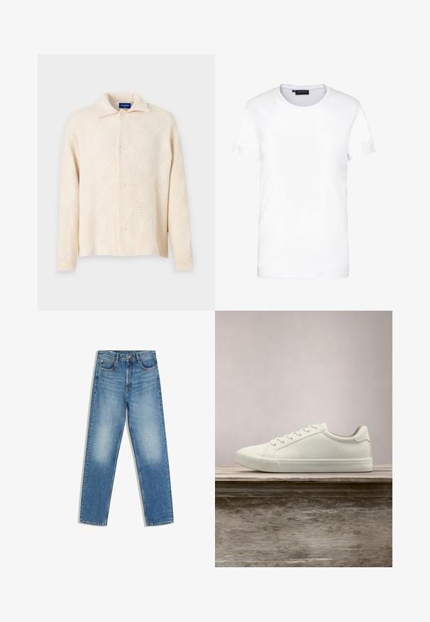 Beige Hemd mit Knopfleiste aus strukturiertem Stoff, mit einem Rautenmuster und einem klassischen Kragen. Vier Knöpfe auf der Vorderseite.; Weißes Baumwoll-T-Shirt, kurze Ärmel, runder Halsausschnitt, schlichtes Design, weiche Textur, gerader Schnitt, normale Passform, keine sichtbaren Muster oder Akzente.; Blaue Denim-Jeans mit hoher Taille, frontaler Knopfleiste und Reißverschluss, zwei Vordertaschen und ausgebleichten Stellen an den Oberschenkeln und Knien.; Weiße Schnürsneaker, die über einer Holzbank mit grünem Laub im Hintergrund schweben und das Schuhdesign sowie die Textur zeigen.