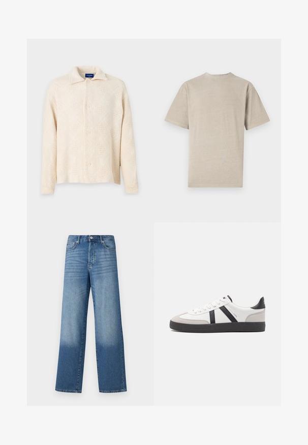 Beige Hemd mit Knopfleiste aus strukturiertem Stoff, mit einem Rautenmuster und einem klassischen Kragen. Vier Knöpfe auf der Vorderseite.; Kurzarm-T-Shirt in hellem Beige mit Rundhalsausschnitt, aus weichem Stoff gefertigt, mit glatter Textur und schlichtem Design ohne Grafiken.; Blaue hochgeschnittene Straight-Leg-Jeans mit Ausbleichungen an den Oberschenkeln und dunklerem Schatten nahe den Säumen, sichtbare vordere Knöpfe und Taschen.; Weiße Sneaker mit schwarz- und grau-aczenten, ausgestattet mit einer strukturierten grauen Zehenkappe, schwarzer Gummi-Sohle und flachen weißen Schnürsenkeln. Sauberes Design, minimalistische Stil.