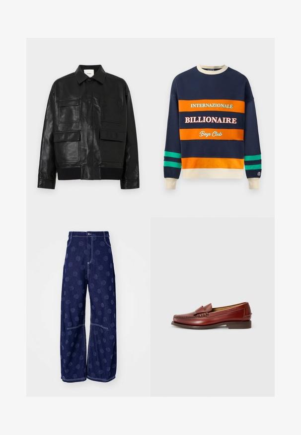 Veste en simili cuir noir avec un col, un bouton-pression à l'avant, un ourlet côtelé et quatre grandes poches à rabat et à patch à l'avant.; Sweatshirt bleu marine avec des rayures orange et vert. Présente le texte "INTERNATIONALE," "BILLIONAIRE," et "Boys Club" dans des polices contrastées. Rayures verticales sur les manches.; Henrik Vibskov DART PANTS - Jean boyfriend - dark blue; Mocassins en cuir brun avec une finition lisse, des coutures décoratives et un accent de gland à l'avant. Talon bas et solide de couleur marron, design épuré.