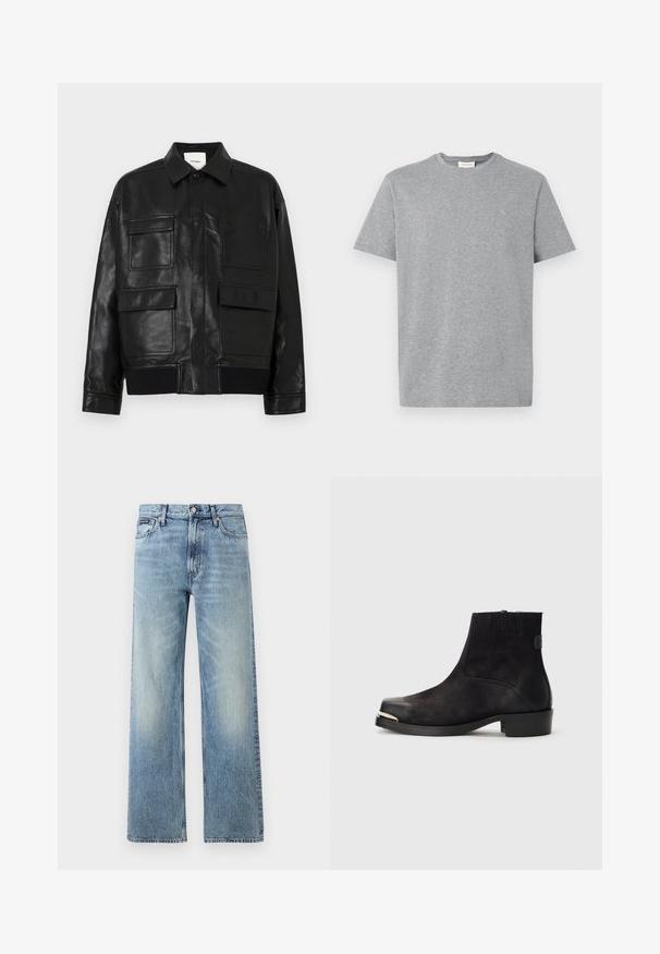 Veste en simili cuir noir avec un col, un bouton-pression à l'avant, un ourlet côtelé et quatre grandes poches à rabat et à patch à l'avant.; T-shirt en coton gris avec un col rond, des manches courtes et un petit logo sur la poitrine gauche. Design et texture simples et classiques.; Jean droit en denim bleu clair avec taille haute, cinq poches, fermeture à boutons et léger délavage sur les cuisses et les genoux.; Bottine noire en matériaux en daim et cuir, à bout rond, petit talon, accent métallique argenté sur le bout et panneaux latéraux élastiques.