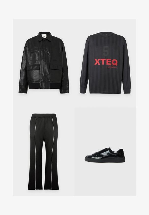 Veste en simili cuir noir avec un col, un bouton-pression à l'avant, un ourlet côtelé et quatre grandes poches à rabat et à patch à l'avant.; Chemise noire à manches longues avec de subtiles rayures verticales, arborant un grand chiffre 5 sombre et un texte rouge vif "XTEQ Solutions" à l'avant.; Pantalon de sport noir avec une taille cintrée, doté de bandes blanches sur les côtés et d'une coupe évasée aux jambes. Fabriqué en tissu doux et extensible.; Baskets en cuir verni noir avec un bout arrondi, un laçage, une semelle en caoutchouc texturé et une finition lisse.