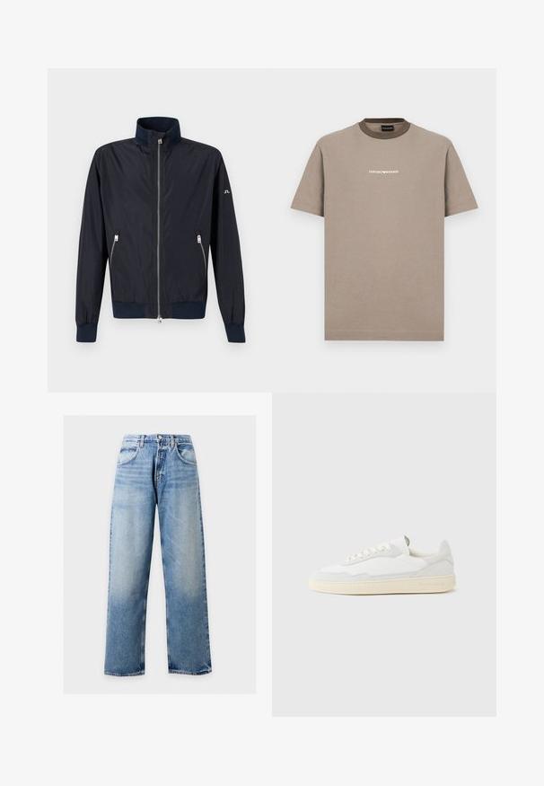 Navy blue zip-up lightweight jacket with high collar, elastic cuffs and hem, and zippered side pockets on plain background.; Brown cotton t-shirt with short sleeves and a round collar. Features a contrasting dark brown collar and white "EMPORIO ARMANI" logo.; Light blue wide-leg denim jeans with front pockets, belt loops, and a button closure against a plain background.; White sneaker with a textured suede and leather upper. Features a rounded toe, lace-up closure, and contrasting beige rubber sole.