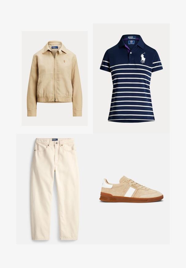 Beige lightweight jacket with a zip front, collar, elasticized cuffs and hem, featuring a small embroidered logo on the left chest.; Navy blue polo shirt with white horizontal stripes, short sleeves, collar, and a white polo player logo on the chest.; Cream-colored jeans made of denim, featuring a straight-leg design, front pockets, and top-stitching detail. Metal button and zipper closure.; Beige suede sneakers with white stripes, rubber sole, and tan accents. Features a textured body and a logo on the side.