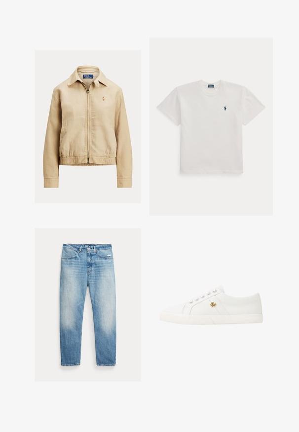 Beige lightweight jacket with a zip front, collar, elasticized cuffs and hem, featuring a small embroidered logo on the left chest.; White short-sleeve crew neck t-shirt with a small navy blue polo player logo on the left chest.; Light blue faded straight-leg jeans with front pockets, button and zipper closure, and slight distressing on the right thigh.; Lauren Ralph Lauren JANSON II CANVAS SNEAKER - Trainers - optic white