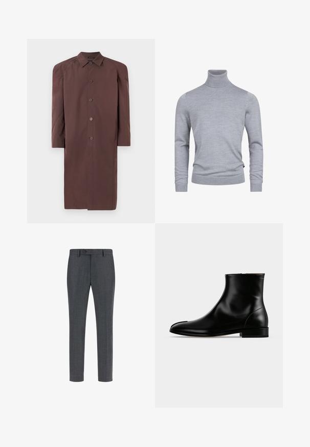 Brun lang frakke med krave, knaplukning og raglanærmer. Glat stof med moderat glans og uden synlige mønstre.; Grå turtleneck sweater lavet af et blødt strikket stof. Har lange ærmer og en tætsiddende design med ribbede manchetter og kant. Enkel, glat tekstur.; Mørkegrå skræddersyede bukser i en tekstureret uldblanding, med flad front, sidelommer og enkelt knaplukning. Slim fit design.; Sort poleret læderankelstøvle med lav hæl og sidelås, slankt og glat design på en ensfarvet lys baggrund.
