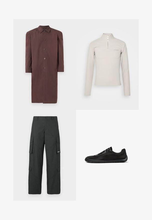 Bruine lange jas met een kraag, knoopsluiting en raglanmouwen. Glad materiaal met een gematigde glans en geen zichtbare patronen.; Han Kjøbenhavn LOGO HALF ZIP SHARP LONG SLEEVE - Longsleeve - grey; Zwarte cargo broek met rechte pijpen, zijflapzakken, knoopsluiting, riemlussen en een klein wit logo op de flap van de rechterzak.; Zwarte lage sneaker met mesh bovenwerk, vetersluiting en flexibele rubberen zool, zijaanzicht op witte achtergrond.