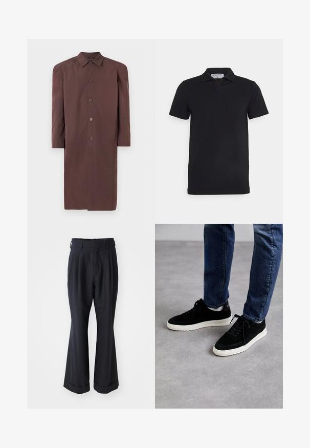 Bruine lange jas met een kraag, knoopsluiting en raglanmouwen. Glad materiaal met een gematigde glans en geen zichtbare patronen.; Zwart polosjaal met korte mouwen en een klassieke kraag, gemaakt van gladde stof. Heeft een label met de merknaam 'Filippa K' op de hals.; Zwarte op maat gemaakte broek met een ontspannen pasvorm, geplooide voorkant en brede pijpen. Voorzien van een omgeslagen zoom en een soepele stoftextuur.; Zwarte suede sneakers met een witte rubberen zool, met een klassiek low-top ontwerp, een ronde neus en flat zwarte veters.