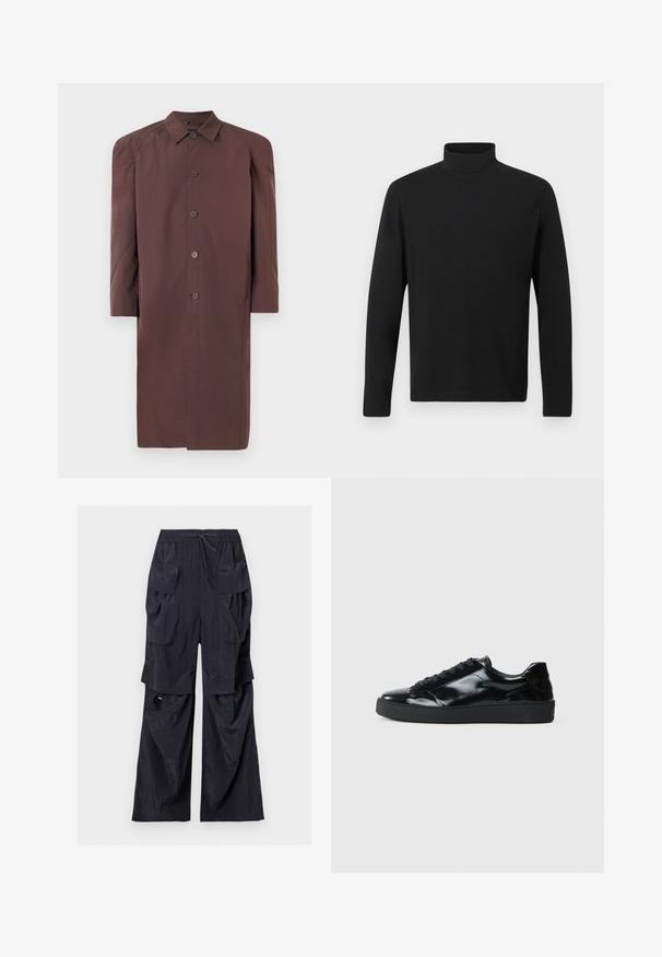 Brun lang frakke med krave, knaplukning og raglanærmer. Glat stof med moderat glans og uden synlige mønstre.; Sort turtleneck skjorte lavet af glat stof. Har lange ærmer og en høj krave. Enkel design uden yderligere mønstre eller accenter.; Sorte brede cargobukser med flere store klaplommer og justerbar snøre i taljen på hvid baggrund.; Sorte laklæder sneakers med rund tå, snørredesign, tekstureret gummisål og en glat overflade.