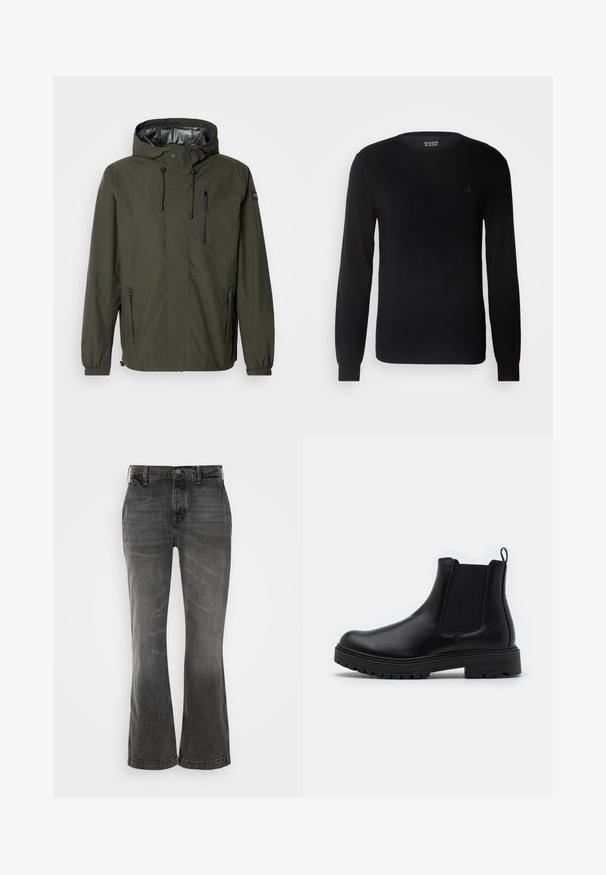 Veste imperméable verte avec capuche, poche poitrine zippée, cordons de serrage ajustables, poignets élastiques et doublure intérieure lisse.; Pull en maille noir avec un col rond, des manches longues et un petit logo brodé sur la poitrine. Texture douce et coupe ajustée.; Jean grises évasées en denim, présentant un design classique à cinq poches avec une fermeture à bouton et une texture légèrement délavée.; Zign LEATHER - Bottines - black