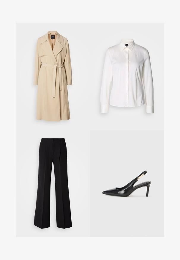 Beige trenchcoat lavet af glat stof, med dobbeltradet design, brede klapper, bælte i taljen og sidelommer.; Hvid langærmet skjorte med knapper og klassisk krave lavet af blødt bomuldsstof, med en slim fit og et enkelt design uden mønstre.; Sorte bukser lavet af glat stof, med høj talje, bred ben silhuet og to frontfolder for ekstra design detaljer.; Sort læder slingback højhælede sko med spidse tæer, glat overflade og en smal ankelrem med guldfarvede hardware detaljer.
