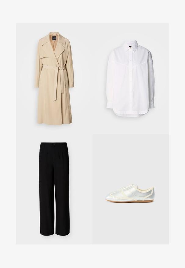 Beige trenchcoat van gladde stof, met een dubbelknoopsluiting, brede revers, een riem in de taille en zijzakken.; Witte lange mouwen shirt van katoen, met een button-down kraag, knopen aan de voorkant en een ontspannen pasvorm met subtiele stikdetails.; Zwarte hoge taille brede broek met ceintuurlussen, twee knopen aan de voorkant en plooien aan de voorkant, tegen een effen witte achtergrond.; Zilverkleurige synthetische sneakers met crème accenten, laag profiel, afgeronde neus en platte rubberen zool; voorzien van klassieke stiksels en vetersluiting.