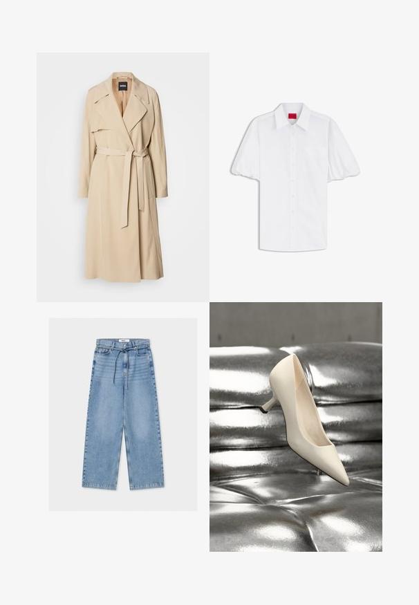 Beige trenchcoat van gladde stof, met een dubbelknoopsluiting, brede revers, een riem in de taille en zijzakken.; Wit overhemd met korte mouwen en knopen, met pofmouwen, puntige kraag, borstzak en een rood HUGO-label aan de binnenkant van de kraag.; Lichtblauwe wijde jeans met hoge taille, knoop- en ritssluiting, voorzakken en een dunne koordceintuur.; Puntschoen met hoge hak in glanzend wit materiaal met een slanke hak. Het ontwerp heeft een zwarte accent op de hak en een gladde textuur.