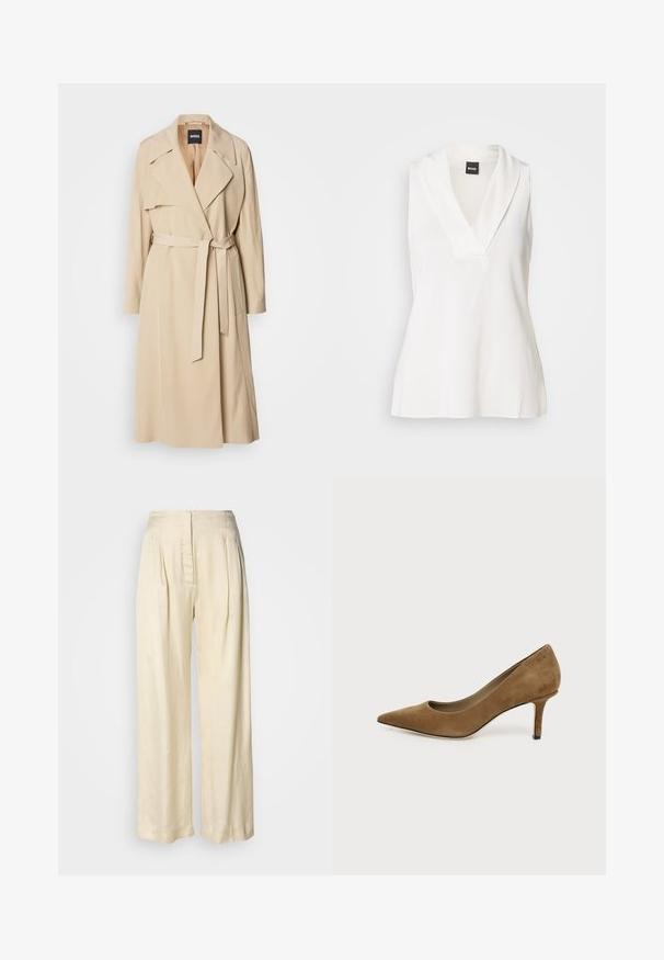 Beige Trenchcoat aus glattem Stoff, mit einem doppelt geknöpften Design, breiten Revers, einem Gürtel in der Taille und seitlichen Taschen.; Weißes ärmelloses Oberteil mit V-Ausschnitt, ausgestattet mit einem drapierten Kragen und einer glatten, leicht glänzenden Textur. Ideal zum Schichten.; Hohe Taille, cremefarbene Seidenhose mit Falten, weitem Bein und einem versteckten Reißverschluss vorne vor schlichtem weißem Hintergrund.; Brauner Wildleder-Pumps mit spitzer Zehenpartie und schlankem mittelhohem Stilettoabsatz auf weißem Hintergrund.