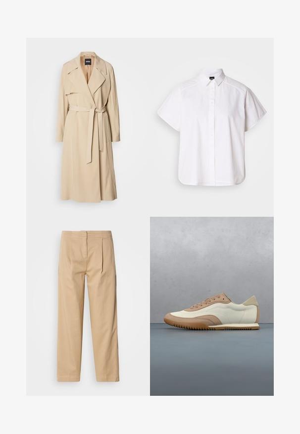 Beige trenchcoat van gladde stof, met een dubbelknoopsluiting, brede revers, een riem in de taille en zijzakken.; Witte kortemouw overhemd met knopen, voorzien van een puntige kraag en een gebogen zoom. Gemaakt van katoen met een gladde textuur en zonder zichtbare patronen.; Beige katoenen broek met een ontspannen pasvorm, voorzien van twee voorplooien, een rechte pijp en een klassieke knoopsluiting in de taille.; Crème- en beige sneaker met een textuur bovenwerk, veters en een rubberen zool, gepresenteerd boven een houten oppervlak met kiezelstenen.