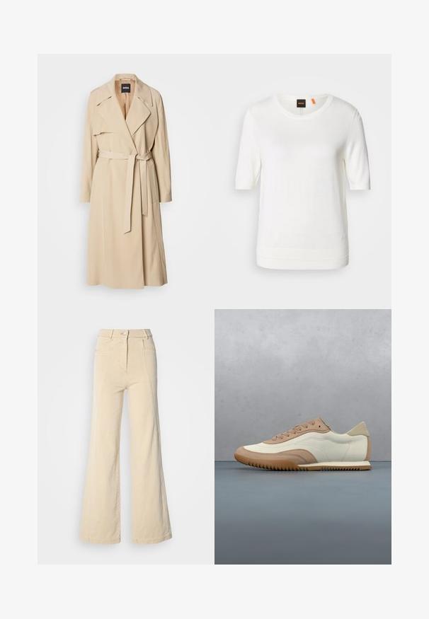 Beige trenchcoat lavet af glat stof, med dobbeltradet design, brede klapper, bælte i taljen og sidelommer.; Hvid kortærmet strik-top med rund halsudskæring, ribkant og blød tekstur. Logomærke med orange detalje ved kraven.; Beige vidde jeans med høj talje, forlommer og kontrasterende syninger, udstyret med en knaplukning og en glat bomuldsstruktur.; Sneaker i creme og beige med tekstureret overdel, snørebånd og gummisål, vist oven på en træoverflade med småsten.