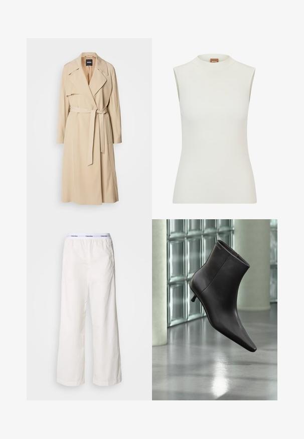 Beige trenchcoat van gladde stof, met een dubbelknoopsluiting, brede revers, een riem in de taille en zijzakken.; Witte, mouwloze top met een hoge halslijn, met een geribbeld textuur en een getailleerd ontwerp. Merkenlabel "BOSS" zichtbaar op de kraag.; Witte wijde broek met een elastische tailleband met een contrasterend Calvin Klein-logo. Gemaakt van gladde stof, bieden ze een ontspannen fit.; Zwarte leren enkellaars met puntige neus en lage hak, afgebeeld tegen een glazen blokkenmuur en gepolijste vloer op de achtergrond.