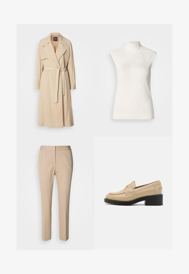 Beige trenchcoat lavet af glat stof, med dobbeltradet design, brede klapper, bælte i taljen og sidelommer.; Ærmeløs hvid rullekravetrøje lavet af blødt materiale; har en tætsiddende pasform med høj hals og subtil ribstruktur ved kanten.; Beige skræddersyede bukser med en tekstureret stof, slim fit, middelhøj talje og lige ben. Lynlås og knaplukning foran.; BOSS IRYNA - Loafers - light beige