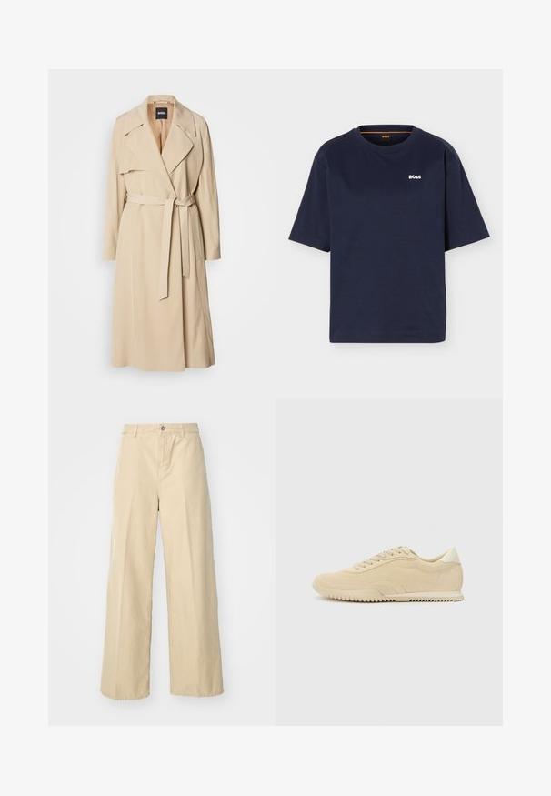 Abrigo trinchera beige hecho de tela suave, con un diseño de doble botonadura, amplios solapas, un cinturón en la cintura y bolsillos laterales.; Camiseta de manga corta azul marino con cuello redondo y pequeño logo blanco "BOSS" en el lado izquierdo del pecho.; Pantalones de pierna ancha beige confeccionados en algodón, con cierre frontal de botón, trabillas para cinturón y una tela texturizada.; Zapatillas de ante beige con diseño de cordones, parte superior texturizada, suela de goma en contraste y un leve tacón. Estilo minimalista con un sutil branding.