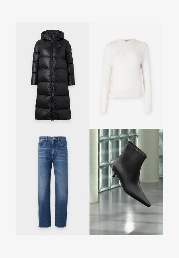 Manteau en duvet noir avec capuche, doté d'une fermeture éclair à l'avant, d'un design matelassé et d'une texture lisse et brillante. Branding minimaliste sur la poitrine.; Pull en tricot côtelé de couleur crème clair, avec des manches longues et un col rond. Texture douce et design ajusté avec des poignets et un ourlet contrastants.; Jean en denim bleu avec une coupe droite, présentant une finition délavée, un style à cinq poches et un ourlet effiloché.; Bottine en cuir noir avec bout pointu et petit talon, présentée devant un mur en blocs de verre et un sol poli.