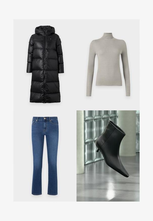 Manteau en duvet noir avec capuche, doté d'une fermeture éclair à l'avant, d'un design matelassé et d'une texture lisse et brillante. Branding minimaliste sur la poitrine.; Pull à col roulé côtelé gris clair avec des manches longues. Texture douce, design ajusté, doté d'un col haut et d'une finition sans couture.; Jean patte d'éléphant bleu en denim, avec un design classique à cinq poches, une fermeture éclair et un bouton en laiton. Texture lisse et couleur uniforme.; Bottine en cuir noir à bout pointu et petit talon kitten, présentée en angle devant un sol poli et un mur en blocs de verre.