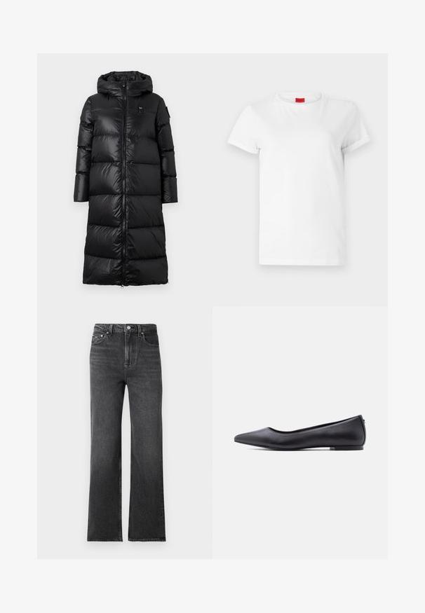 Manteau en duvet noir avec capuche, doté d'une fermeture éclair à l'avant, d'un design matelassé et d'une texture lisse et brillante. Branding minimaliste sur la poitrine.; T-shirt blanc à manches courtes en coton léger. Présente un col rond et des manches retroussées. Étiquette logo rouge sur le col.; Jean large noir en denim avec une texture décolorée. Doté d'une fermeture à bouton et de poches avant. Ourlet épuré avec un minimum de détails.; Chaussure plate en cuir noire à bout pointu avec petit talon, vue de profil sur fond blanc.