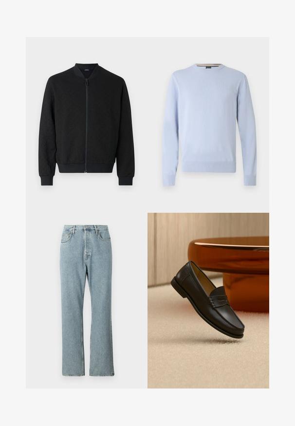 Veste bomber noire en tissu texturé, avec des poignets et une taille côtelés, fermeture éclair intégrale et col rond. Design simple et moderne.; Pull bleu clair, col rond, manches longues, poignets et ourlet côtelés, avec un petit logo sur la poitrine, en tissu tricoté doux.; Jeans en denim bleu clair à taille haute, avec des jambes droites larges et des coutures simples. Comprend cinq poches et une fermeture à bouton classique.; Chaussure mocassin en cuir noir suspendue au-dessus d’un tapis beige avec du mobilier moderne couleur ambre en arrière-plan.