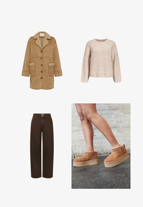 Kaffe KAMARLIE - Manteau court - toasted coconut; Pull en maille rose clair avec un col rond, des épaules tombantes et un ourlet côtelé. Texture douce avec une coupe décontractée et des manches longues.; Jean marron taille haute à jambes larges, fermeture devant avec bouton et zip, deux poches avant et passants pour ceinture.; Bottines en suède marron avec une doublure en peluche, semelle épaisse en beige et une poignée à l'arrière. Surface texturée avec des détails de couture visibles.