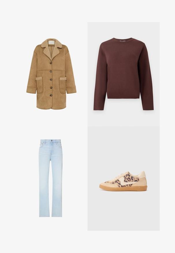 Kaffe KAMARLIE - Manteau court - toasted coconut; Pull-over en tricot marron à manches longues avec col rond et col en côtes, présenté à plat sur un fond clair uniforme.; Jean droit taille haute bleu clair avec poches avant, passants de ceinture et fermeture par bouton.; Baskets en imprimé léopard avec tige en suède beige, semelle en caoutchouc tan et accents blancs. Bout rond et design à lacets avec une finition texturée.