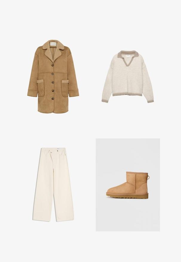 Kaffe KAMARLIE - Manteau court - toasted coconut; Pull en maille beige clair avec col en V, col et poignets côtelés en taupe plus foncé. Coupe décontractée avec une base raccourcie.; Pantalon large couleur écru avec poches avant, passants pour ceinture, et boutons argentés sur la ceinture et les bords des poches.; Bottines en suède beige avec bout rond, détails cousus, tirant à l'arrière et semelle en caoutchouc texturé. Conçues pour le confort et la chaleur.