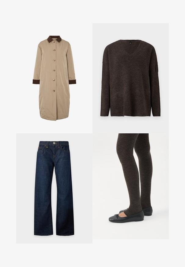 Beige jas met een bruine corduroy kraag, knoopsluiting aan de voorkant, lange mouwen en zijzakken. Glad materiaal met een knielange uitstraling.; Donkerbruin, v-hals trui met lange mouwen en een ontspannen pasvorm. Zachte textuur en lichte ribbels bij de manchetten en onderrand. Geen zichtbare logo's.; Donkerblauwe jeans met wijde pijpen, knoop- en ritssluiting, voor- en achterzakken, riemlussen en contrasterend stiksel, plat neergelegd op een witte achtergrond.; Benen met donkere geribbelde leggings gecombineerd met zwarte ballerina's met kleine strikdetails op een witte achtergrond.