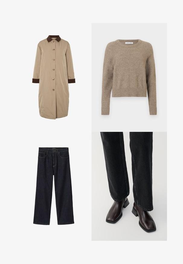 Beige Mantel mit braunem Cordkragen, vorderer Knopfverschluss, langen Ärmeln und seitlichen Taschen. Glatter Stoff mit einem knielangen Design.; Beige Rundhals-Pullover aus weichem Stoff. Mit gerippten Bündchen und Saum, leicht verkürzt geschnitten und minimaler Textur.; Dunkel indigoblaue Jeans mit weitem Bein, mit vorderem Knopf- und Reißverschluss, Gürtelschlaufen und Vordertaschen, auf weißem Hintergrund dargestellt.; Braune Lederstiefeletten mit quadratischer Spitze und Blockabsatz, kombiniert mit schwarzen weit geschnittenen Jeans. Glatte Textur und minimalistisches Design.