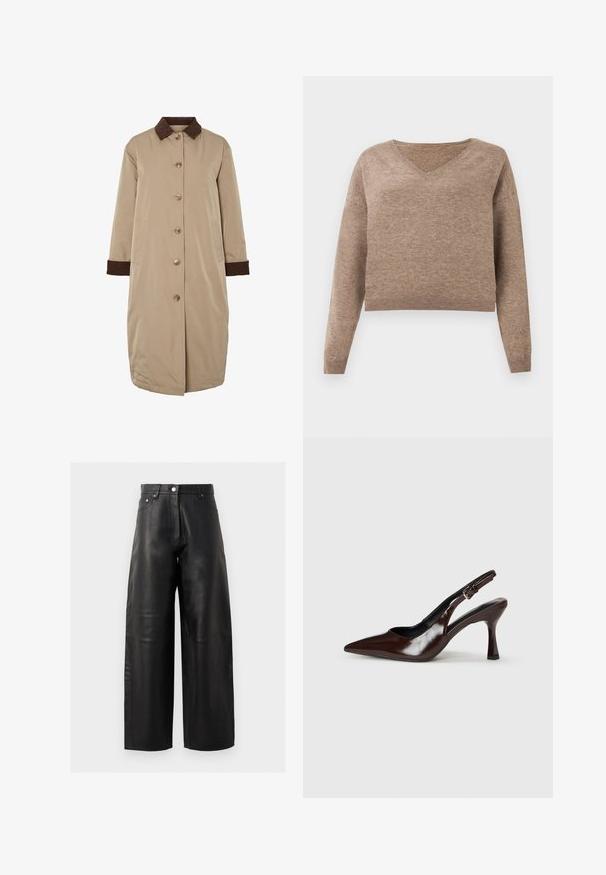 Beige Mantel mit braunem Cordkragen, vorderer Knopfverschluss, langen Ärmeln und seitlichen Taschen. Glatter Stoff mit einem knielangen Design.; Hellbrauner Strickpullover mit V-Ausschnitt, langen Ärmeln und geripptem Saum. Weiche Textur mit leicht verkürztem Design und ohne sichtbare Muster.; Schwarze Leder-Hose mit weitem Bein, hoher Taille, Fronttaschen und subtilen Nähdetails. Die glatte Textur wertet das Design auf.; Braune lackleder Slingback-Absätze mit spitzem Zehen, einem dünnen Absatz und einem verstellbaren Riemen mit einer kleinen Schnalle.