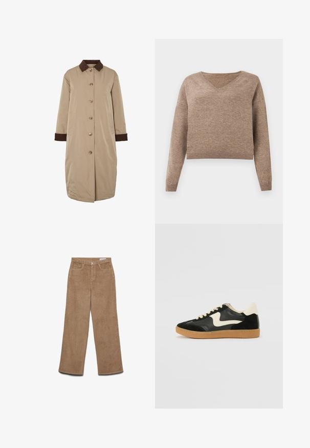 Beige Mantel mit braunem Cordkragen, vorderer Knopfverschluss, langen Ärmeln und seitlichen Taschen. Glatter Stoff mit einem knielangen Design.; Hellbrauner Strickpullover mit V-Ausschnitt, langen Ärmeln und geripptem Saum. Weiche Textur mit leicht verkürztem Design und ohne sichtbare Muster.; Braune Cord-Hosen mit weitem Bein. Sie zeichnen sich durch einen strukturierten Stoff, fünf Taschen und einen Knopfverschluss aus. Gerade geschnitten vom Hüft- bis zum Saum.; Schwarze Wildleder- und Leder-Sneaker mit einem cremefarbenen Seiten-Swoosh und einer hellcremefarbenen Ferse. Ausgestattet mit beige Schnürsenkeln und einer Gummilaufsohle.