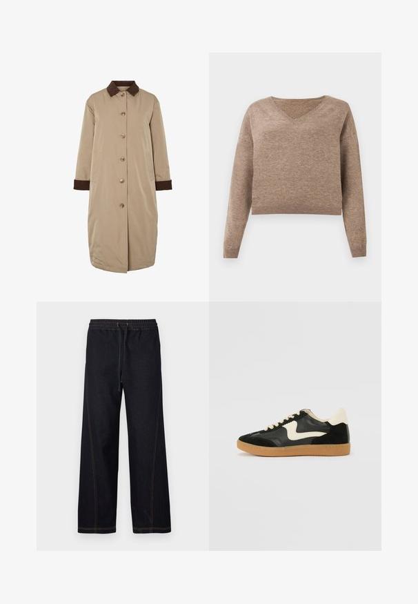 Beige jas met een bruine corduroy kraag, knoopsluiting aan de voorkant, lange mouwen en zijzakken. Glad materiaal met een knielange uitstraling.; Lichtbruin gebreid sweater met een V-hals, lange mouwen en geribbelde zoom. Zachte textuur met een iets korter ontwerp en geen zichtbare patronen.; Donkere denim wijde broek met een elastische tailleband met trekkoord, contrasterende oranje stiksels en rechte, strakke lijnen.; Zwarte suède en leren sneaker met een crèmekleurige zij-swoosh en lichte crèmekleurige hiel. Voorzien van beige veters en een gumrubberen zool.