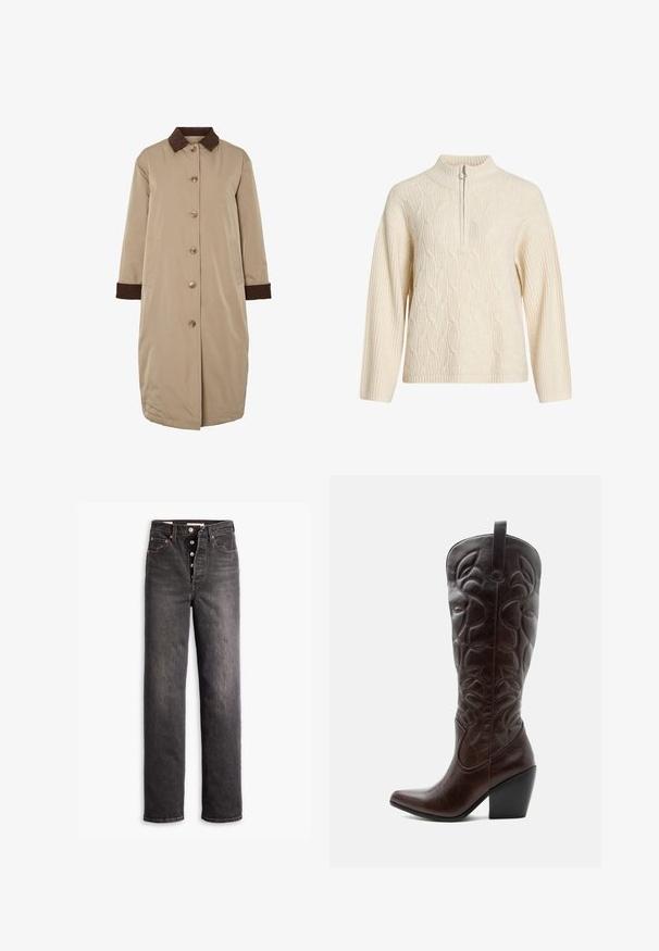 Beige Mantel mit braunem Cordkragen, vorderer Knopfverschluss, langen Ärmeln und seitlichen Taschen. Glatter Stoff mit einem knielangen Design.; Cremfarbener Strickpullover mit hohem Kragen und halbem Reißverschluss; verfügt über ein strukturiertes Zopfmuster sowie gerippte Bündchen und Saum.; Schwarze hochgeschnittene Jeans mit geradem Bein, aus Denim gefertigt. Verfügt über einen Knopfverschluss, Kupferakzente und Kontrastnähte.; Hoher dunkelbrauner Leder-Cowboystiefel mit gestickten dekorativen Mustern, spitzer Spitze und gestapeltem Blockabsatz.