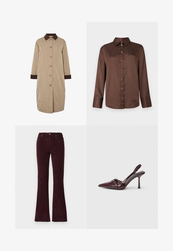 Beige jas met een bruine corduroy kraag, knoopsluiting aan de voorkant, lange mouwen en zijzakken. Glad materiaal met een knielange uitstraling.; Bruin overhemd met lange mouwen en knoopsluiting, voorzien van een klassieke kraag, zilveren knopen en een gladde, gestructureerde stof.; Bordeaux corduroy flare broeken met een gladde textuur, vijf zakken en een metalen knoopsluiting bij de taille.; Bordeauxrode lakleren slingback met puntige neus, dunne enkelband en kleine decoratieve gespsluiting. Gladde textuur en hoge hak.