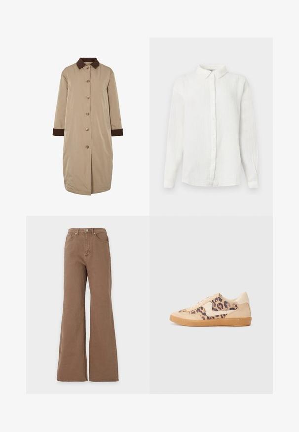 Abrigo beige con cuello de pana marrón, cierre frontal de botones, mangas largas y bolsillos laterales. Tejido suave con un diseño de largo hasta la rodilla.; Camisa de tela arrugada blanca de manga larga con cuello puntiagudo y cierre frontal de botones, mostrada sobre un fondo liso.; Vaqueros marrones de cintura alta con pernera acampanada, cierre frontal de botones y bolsillos delanteros y traseros, mostrados sobre un fondo liso.; Zapatillas de leopardo con parte superior de ante beige, suela de goma marrón y acentos blancos. Punta redonda y diseño con cordones con un acabado texturado.