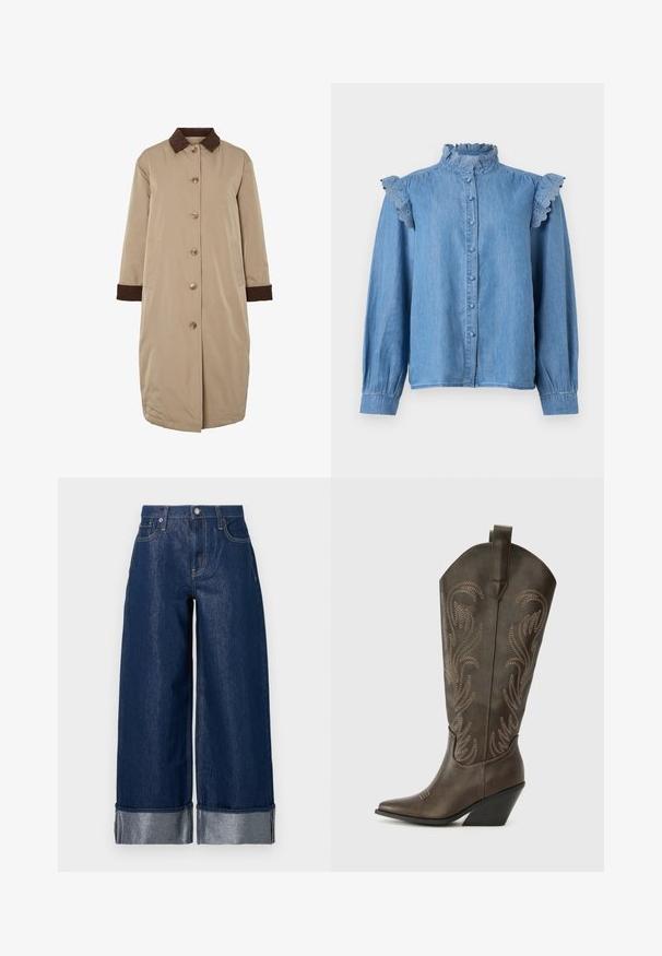 Beige jas met een bruine corduroy kraag, knoopsluiting aan de voorkant, lange mouwen en zijzakken. Glad materiaal met een knielange uitstraling.; Lichtblauwe denimblouse met lange mouwen, knopen aan de voorkant, hoge gerimpelde kraag en kanten ruches aan de schoudernaden.; Wijdvallende donkerblauwe spijkerbroek met hoge taille, ontwerp met vijf zakken en omgeslagen boorden die het lichtere binnenmateriaal tonen.; Bruine leren cowboylaars met een spitse neus, wiggenhak en decoratieve borduursels. Heeft een hoge schacht en een trekriem.