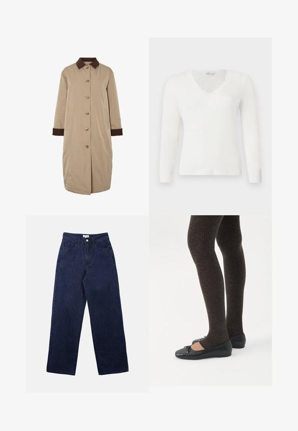 Beige Mantel mit braunem Cordkragen, vorderer Knopfverschluss, langen Ärmeln und seitlichen Taschen. Glatter Stoff mit einem knielangen Design.; Weißes geripptes Langarmshirt mit V-Ausschnitt und Spitzenbesatz am Kragen, flach auf weißem Hintergrund liegend.; Dunkelblaue Denim-Hosen mit geradem Bein, ausgestattet mit einem Frontknopfverschluss, Gürtelschlaufen und zwei vorderen Taschen.; Beine in dunklen, gerippten Leggings kombiniert mit schwarzen Ballerinas mit kleinen Schleifendetails auf weißem Hintergrund.