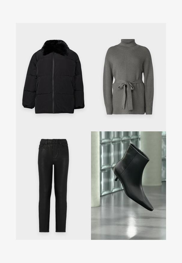 Veste doudoune noire avec un col en fausse fourrure, fermeture éclair, poignets élastiques et un design matelassé avec des coutures horizontales.; MSCH Copenhagen CHAMARI RACHELLE PULLOVER - Pullover - grey; Jean denim noir avec une coupe slim, doté d'une taille haute, d'un design cinq poches classique et d'une texture légèrement brillante. Fermeture par bouton à l'avant standard.; Bottine en cuir noir à bout pointu et petit talon kitten, présentée en angle devant un sol poli et un mur en blocs de verre.