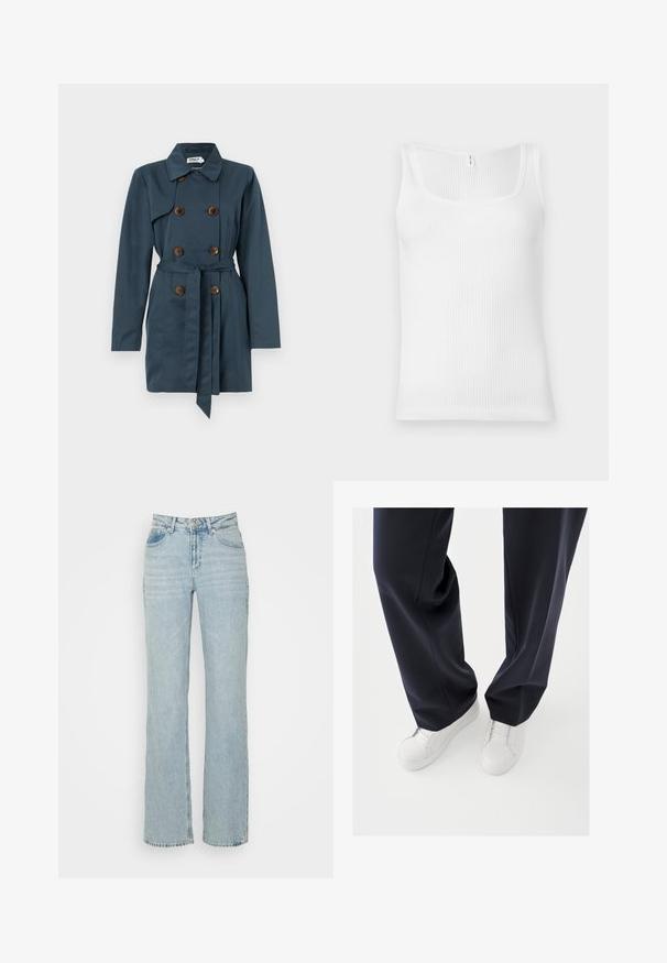 Manteau trench-coat bleu marine à double boutonnage avec des boutons marron, une ceinture à nouer à la taille, des manches longues et un col classique.; Débardeur blanc à côtes avec un décolleté rectangulaire et des bretelles larges. Le tissu présente une apparence texturée et extensible.; Jeans en denim bleu clair taille haute avec une coupe droite, comportant cinq poches et des détails de décoloration subtils sur le tissu.; Baskets blanches avec semelles en caoutchouc texturées et lacets plats, associées à un pantalon bleu marine foncé affichant un tissu fluide et ample et une coupe ajustée.