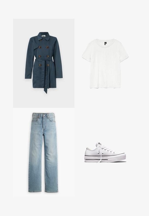 Manteau trench-coat bleu marine à double boutonnage avec des boutons marron, une ceinture à nouer à la taille, des manches longues et un col classique.; T-shirt blanc à manches courtes avec un col rond, fabriqué en tissu léger. Design simple, texture lisse et ourlet droit.; Jean en denim bleu clair avec une taille haute, une coupe droite, un style cinq poches et des détails de coutures visibles.; Baskets basses en toile blanche avec lacets blancs, semelle en caoutchouc, détails à rayures noires, et écusson logo sur la languette et le talon.