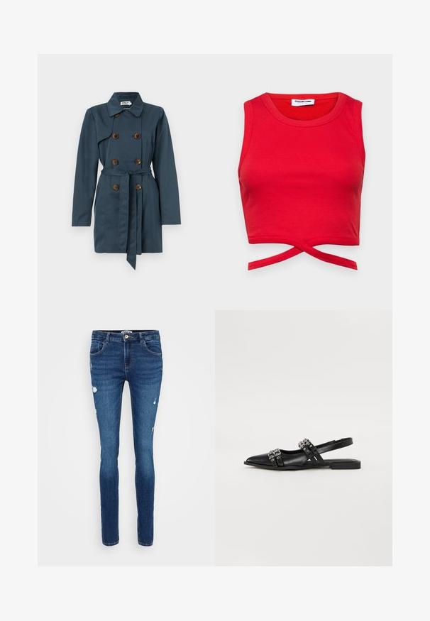 Manteau trench-coat bleu marine à double boutonnage avec des boutons marron, une ceinture à nouer à la taille, des manches longues et un col classique.; Crop top rouge en coton avec une texture côtelée, sans manches, et un détail noué à l'avant pour un look ajusté.; Jean en denim bleu slim-fit avec des détails déchirés, design à cinq poches et fermeture à bouton à la taille.; Even&Odd by Zalando Ballerines à brides arrière - black