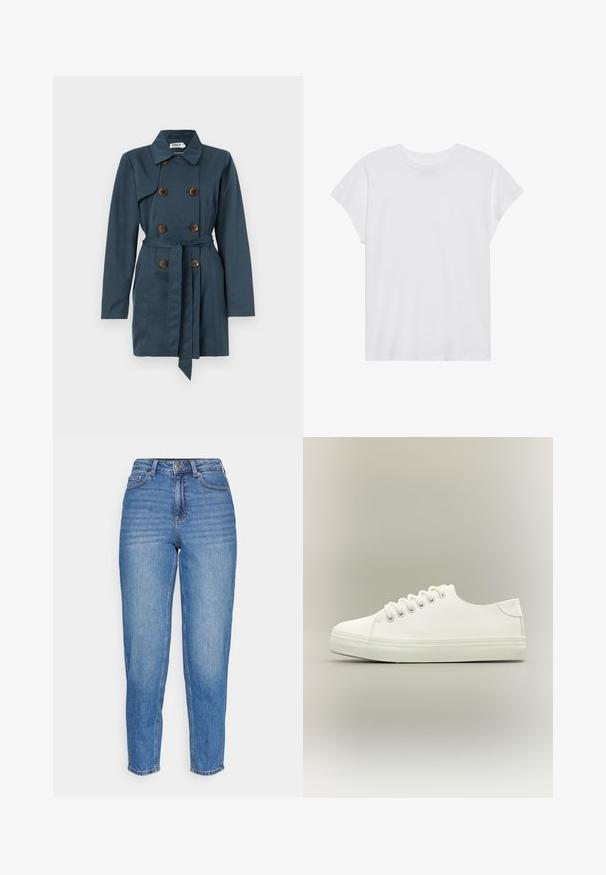 Manteau trench-coat bleu marine à double boutonnage avec des boutons marron, une ceinture à nouer à la taille, des manches longues et un col classique.; T-shirt blanc à manches courtes, col rond, coupe décontractée, en tissu de coton doux. Texture lisse, sans motifs ni logos.; Jean en denim bleu avec une taille haute, coupe droite et décolorations subtiles. Style classique à cinq poches avec fermeture à bouton.; Baskets basses blanches avec lacets blancs et semelle en caoutchouc, vues de côté sur un fond neutre.