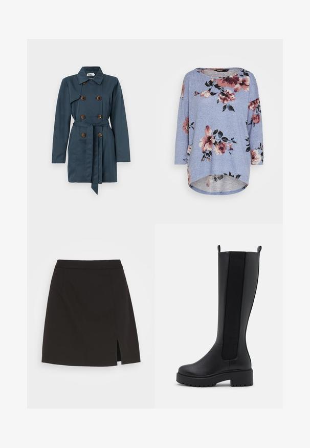 Manteau trench-coat bleu marine à double boutonnage avec des boutons marron, une ceinture à nouer à la taille, des manches longues et un col classique.; ONLY ONLELCOS 4/5 AOP TOP JRS NOOS - T-shirt à manches longues - blue; Mini-jupe noire en tissu lisse, avec une coupe droite, une fente sur le côté et sans matériel ni embellissements visibles.; Bottes noires montantes en cuir lisse, avec des panneaux élastiques sur les côtés et une semelle épaisse texturée pour une meilleure adhérence.