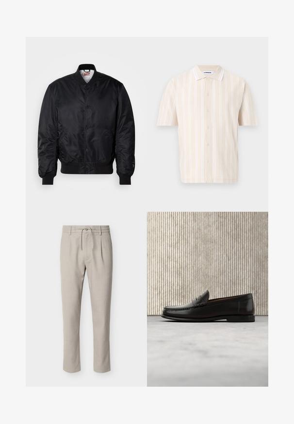 Veste aviateur noire avec une finition satinée, col, poignets et ourlet côtelés, présentant une fermeture à boutons-pression et des poches latérales.; Chemise beige à manches courtes avec des rayures blanches verticales, fermeture boutonnée sur le devant et col classique, présentée sur un fond blanc.; Pantalon beige clair à jambes droites avec passants pour ceinture, bouton avant, fermeture éclair, taille à cordon et poches latérales.; Mocassin penny en cuir noir avec talon bas, bout arrondi et détails cousus à l'avant et sur les côtés, présenté sur un fond neutre.