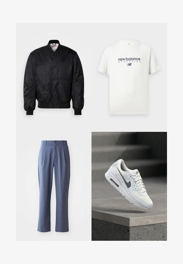 Veste aviateur noire avec une finition satinée, col, poignets et ourlet côtelés, présentant une fermeture à boutons-pression et des poches latérales.; T-shirt blanc à manches courtes avec col rond, imprimé au centre devant du texte "new balance ATHLETICS" et du logo "NB" en bleu foncé.; Pantalon bleu marine avec plis, coupe droite, en tissu léger, avec une fermeture à un bouton à l'avant et des passants de ceinture.; Baskets blanches Nike Air Max avec un Swoosh gris flottant au-dessus d'un rebord en béton, montrant les détails latéraux et avant.