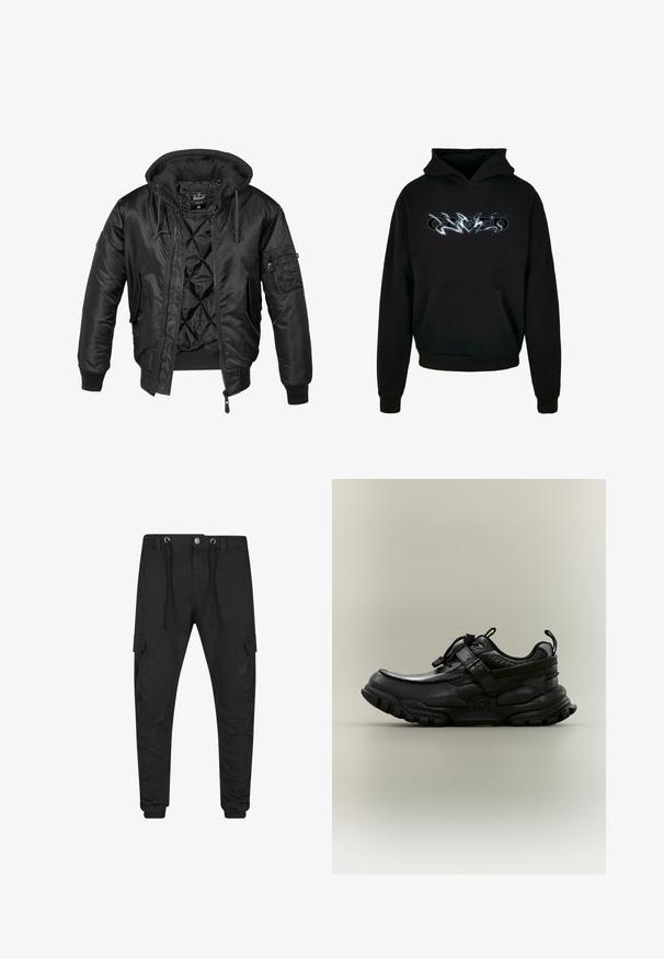 Zwarte bomberjack met capuchon, gemaakt van glanzend nylon, voorzien van een gewatteerde voering, geribbelde manchetten en een ritszak op de mouw.; Zwarte hoodie met een voorste kangoeroezak, trekkoordcapuchon en een grafisch ontwerp in zilver. Gemaakt van zachte stof met ribbelmanchetten.; Zwarte cargobroek met trekkoord in de taille, knoopsluiting, zijflapzakken en elastische boorden.; Zwarte stevige sportschoen met verstelbare riem, koordstopper en robuuste zool, getoond in zijaanzicht tegen een neutrale achtergrond.